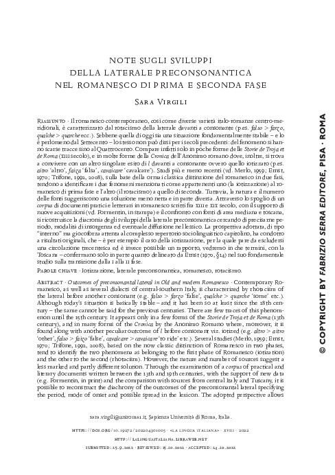 (PDF) Note sugli sviluppi della laterale preconsonantica nel romanesco ...