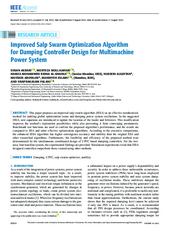 (PDF) Improved Salp Swarm Optimization Algorithm for Damping Controller ...