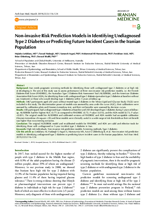 (PDF) Non-invasive Risk Prediction Models in Identifying Undiagnosed ...
