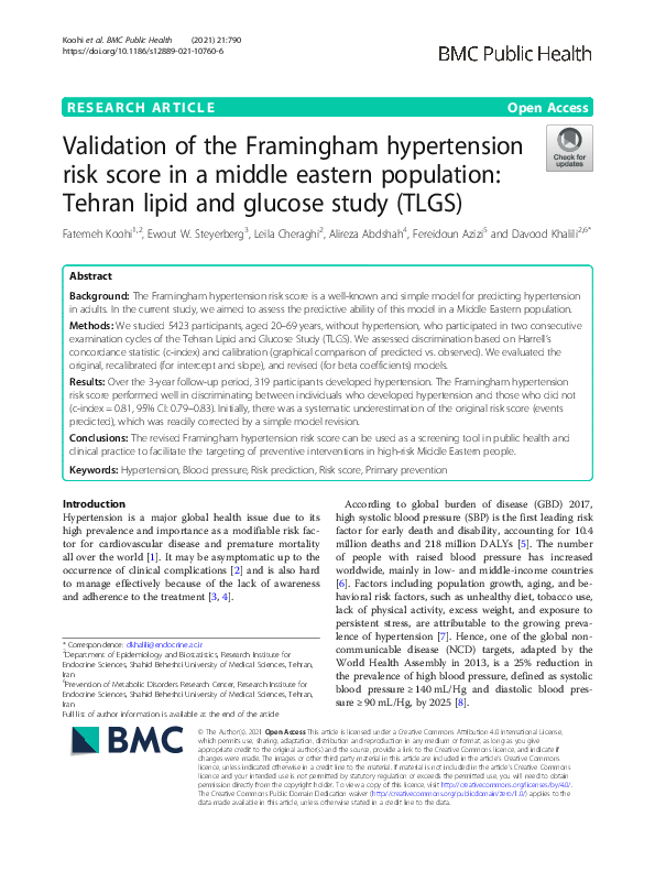 (PDF) Framingham Hypertension Risk in Tehran Study