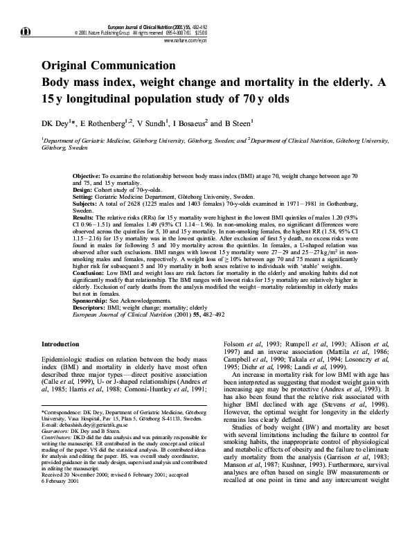 (PDF) Body mass index, weight change and mortality in the elderly. A 15 ...