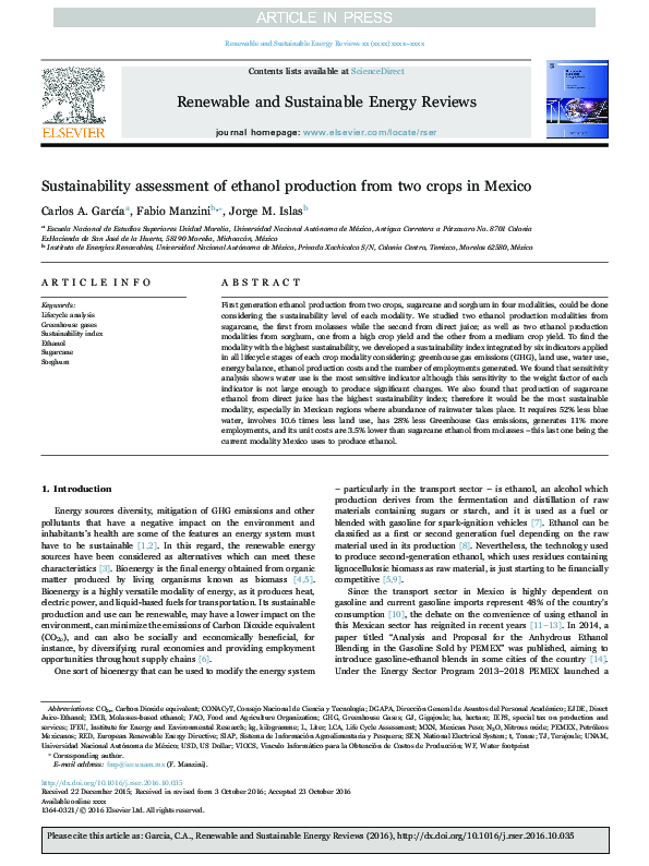 (PDF) Sustainability assessment of ethanol production from two crops in ...