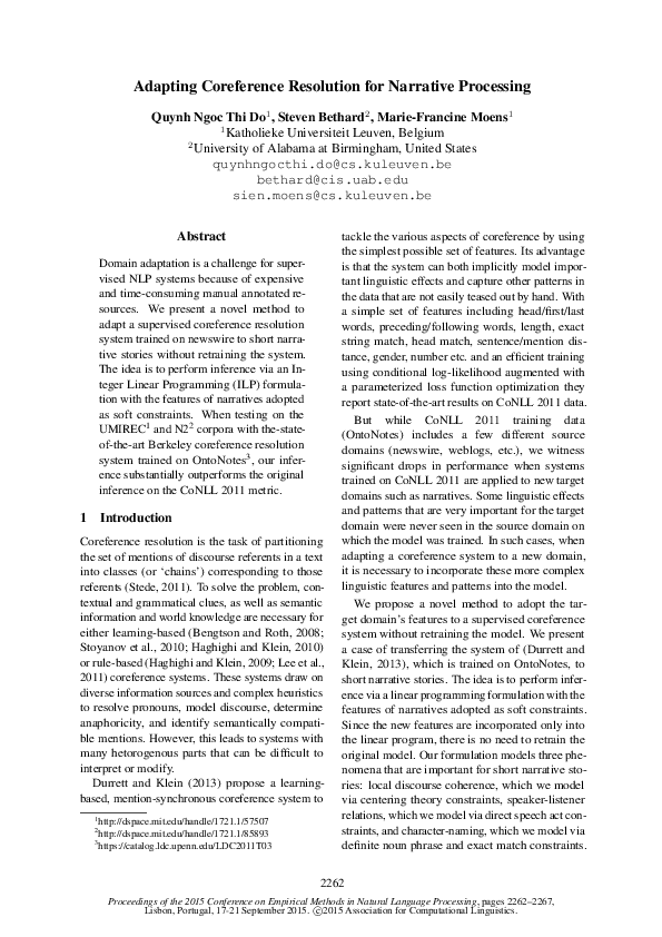 (PDF) Adapting Coreference Resolution for Narrative Processing