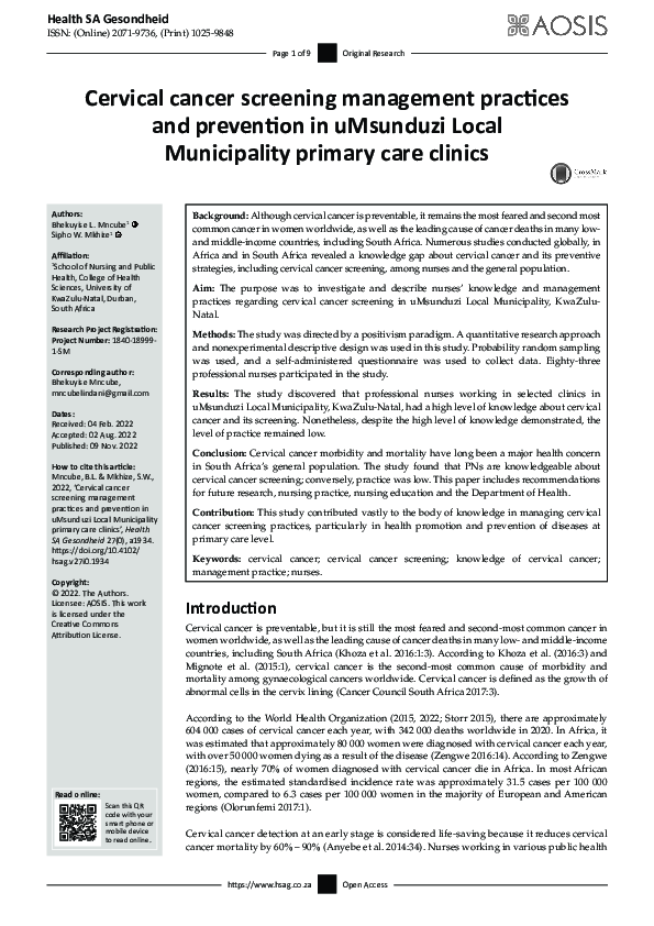 (PDF) Cervical cancer screening management practices and prevention in ...