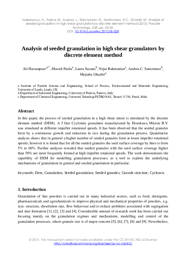 (PDF) Analysis of seeded granulation in high shear granulators by ...