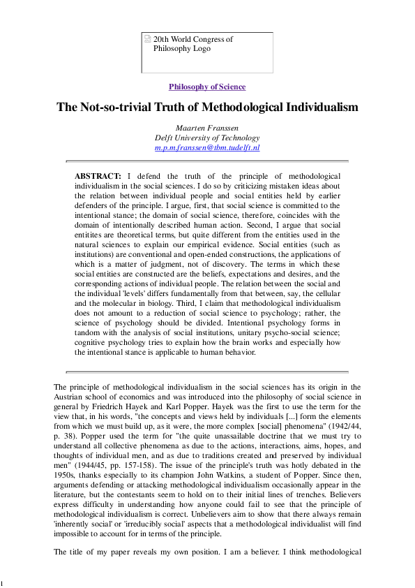 (PDF) The Not-so-trivial Truth of Methodological Individualism