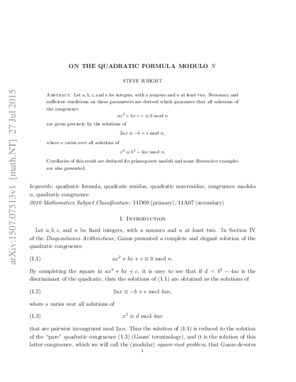 (PDF) On the quadratic formula modulo n