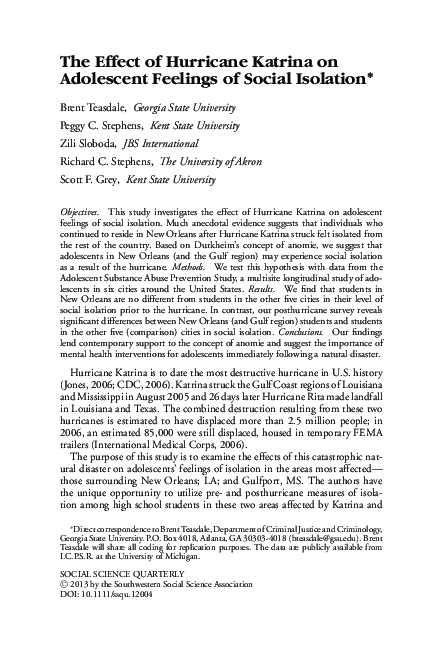 (PDF) The Effect of Hurricane Katrina on Adolescent Feelings of Social ...