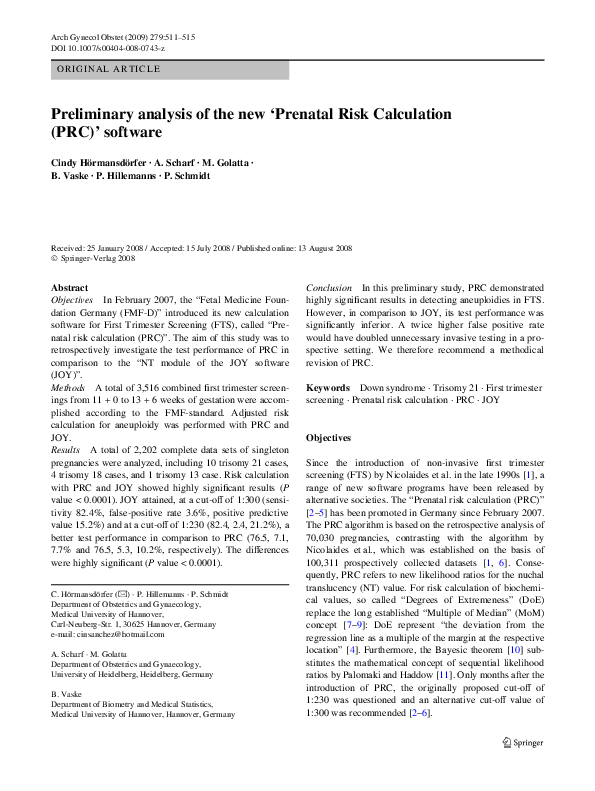 (PDF) Preliminary analysis of the new ‘Prenatal Risk Calculation (PRC ...