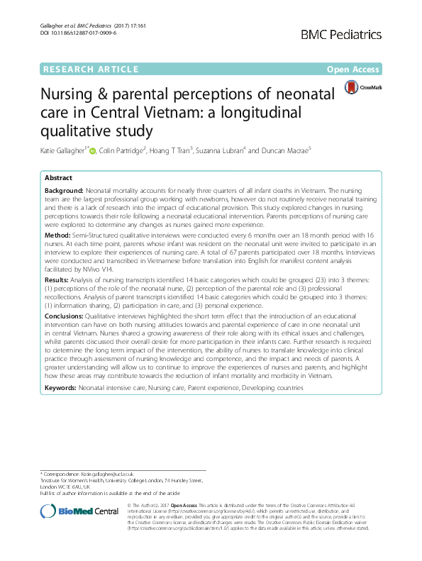 (PDF) Nursing & parental perceptions of neonatal care in Central ...