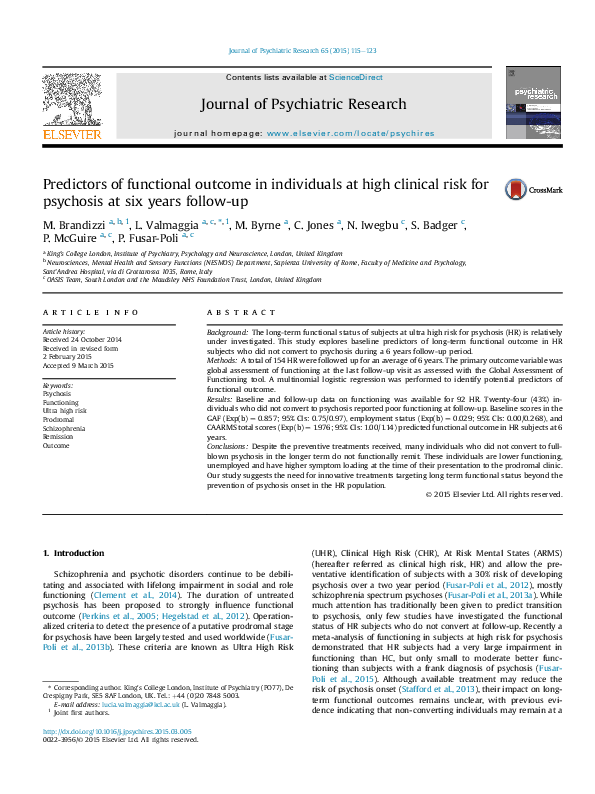 (PDF) Predictors of functional outcome in individuals at high clinical ...