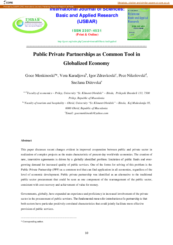 (PDF) Public Private Partnerships as Common Tool in Globalised Economy