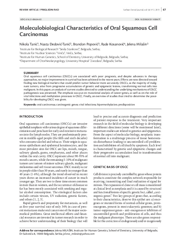 Moleculobiological characteristics of oral squamous cell carcinomas