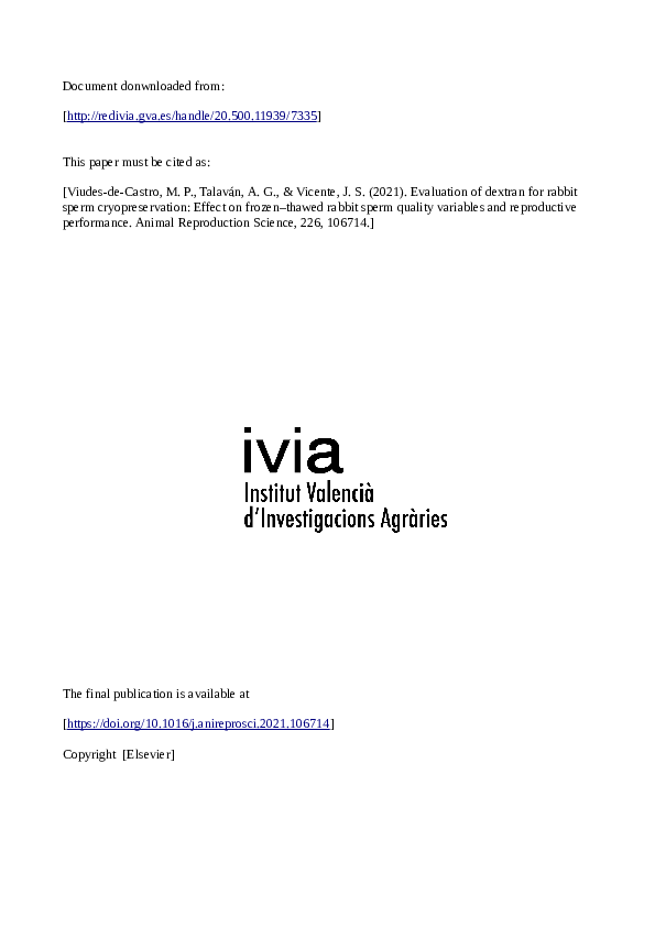 (PDF) Evaluation of dextran for rabbit sperm cryopreservation: Effect ...