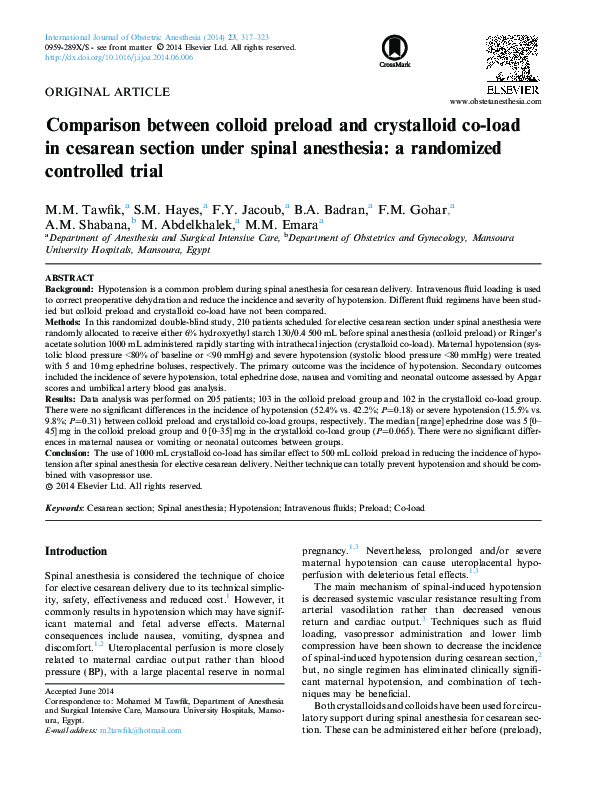 (PDF) Comparison between colloid preload and crystalloid coload in cesarean section under