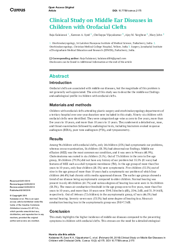 (PDF) Clinical Study on Middle Ear Diseases in Children with Orofacial ...