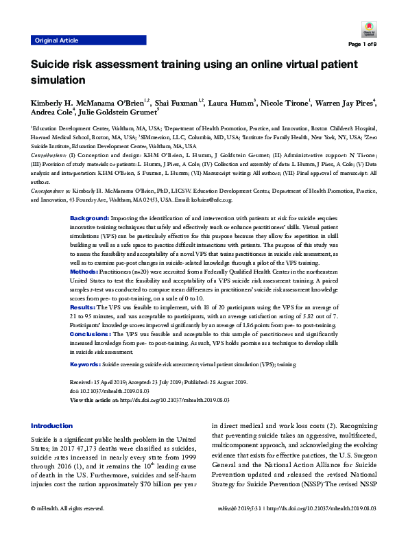 (PDF) Suicide risk assessment training using an online virtual patient ...