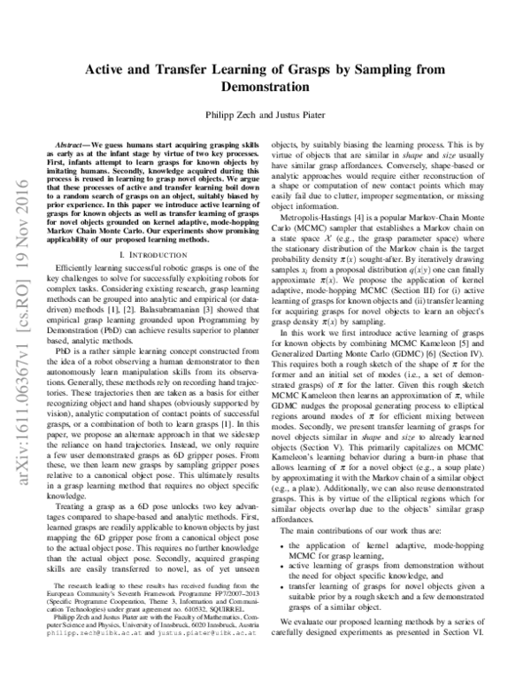 (PDF) Active and Transfer Learning of Grasps by Sampling from Demonstration