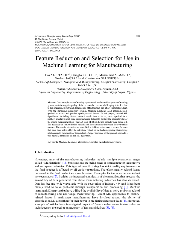 (PDF) Feature Reduction and Selection for Use in Machine Learning for ...