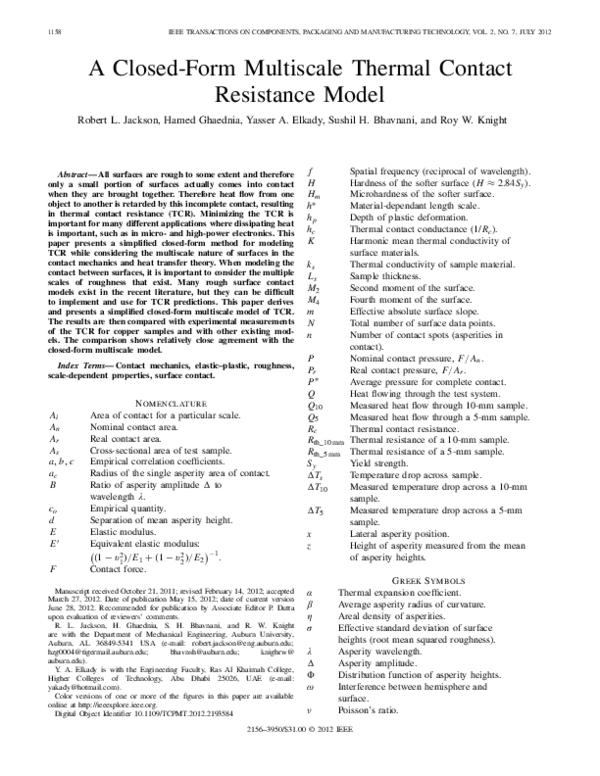 (PDF) A Closed-Form Multiscale Thermal Contact Resistance Model