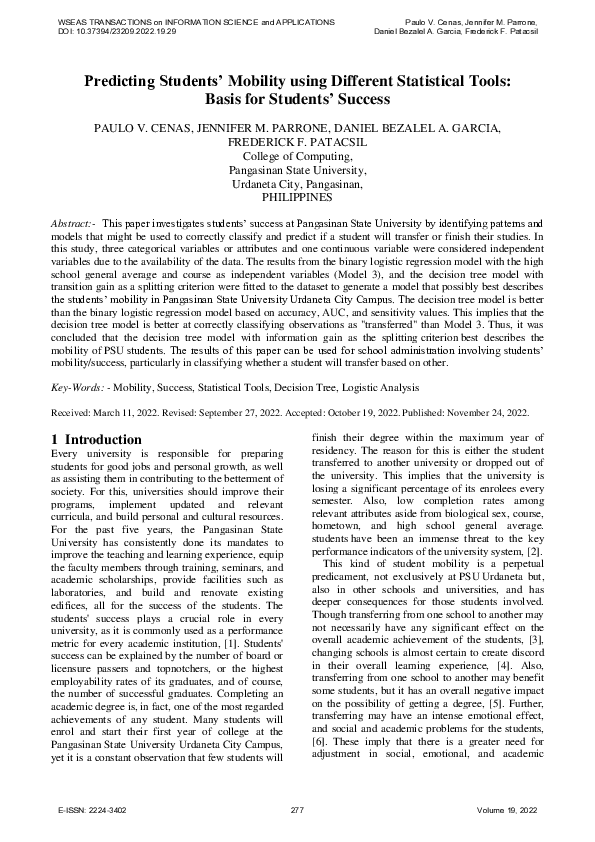 (PDF) Predicting Students’ Mobility using Different Statistical Tools ...