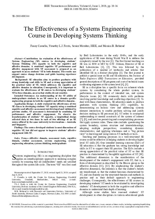 (PDF) The Effectiveness of a Systems Engineering Course in Developing ...