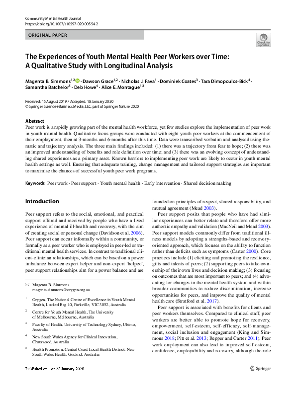 (PDF) The Experiences of Youth Mental Health Peer Workers over Time: A ...
