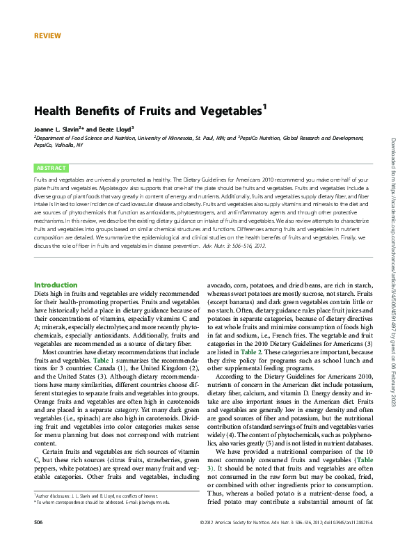 (PDF) Health benefits of fruits and vegetables
