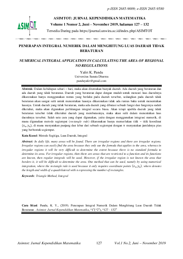 Pdf Penerapan Integral Numerik Dalam Menghitung Luas Daerah Tidak