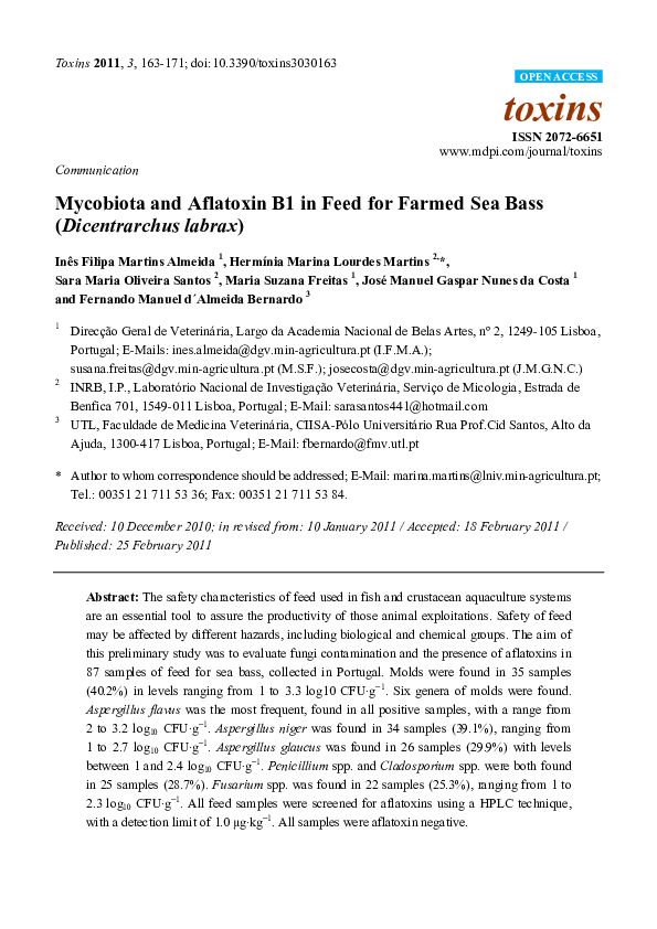 Mycobiota and Aflatoxin B1 in Feed for Farmed Sea Bass (Dicentrarchus labrax)