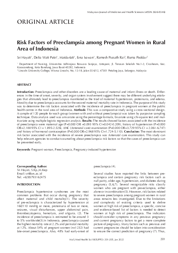 (PDF) Risk Factors of Preeclampsia among Pregnant Women in Rural Area ...