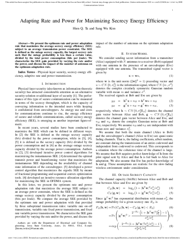 (PDF) Adapting Rate and Power for Maximizing Secrecy Energy Efficiency
