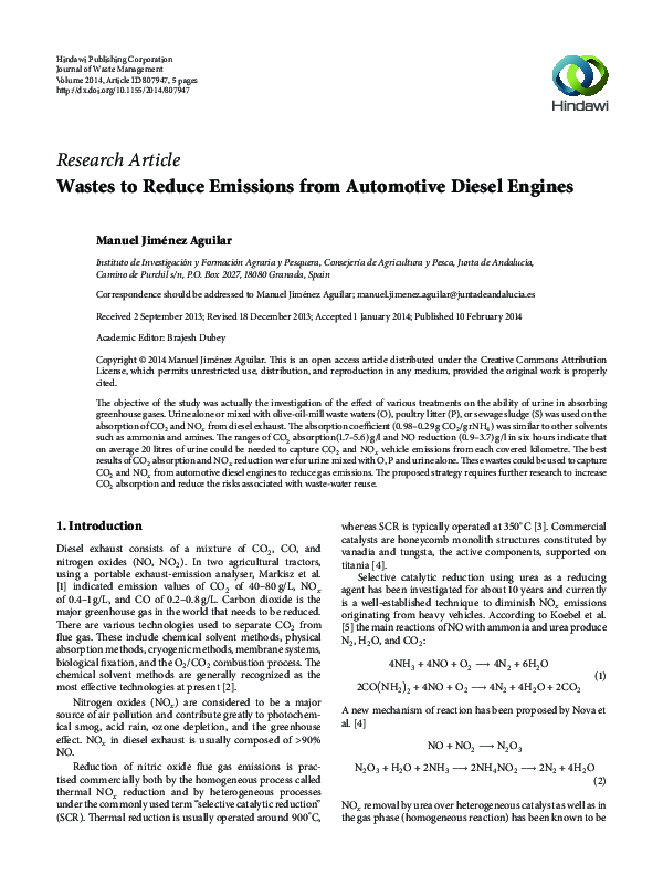 (PDF) Wastes to Reduce Emissions from Automotive Diesel Engines