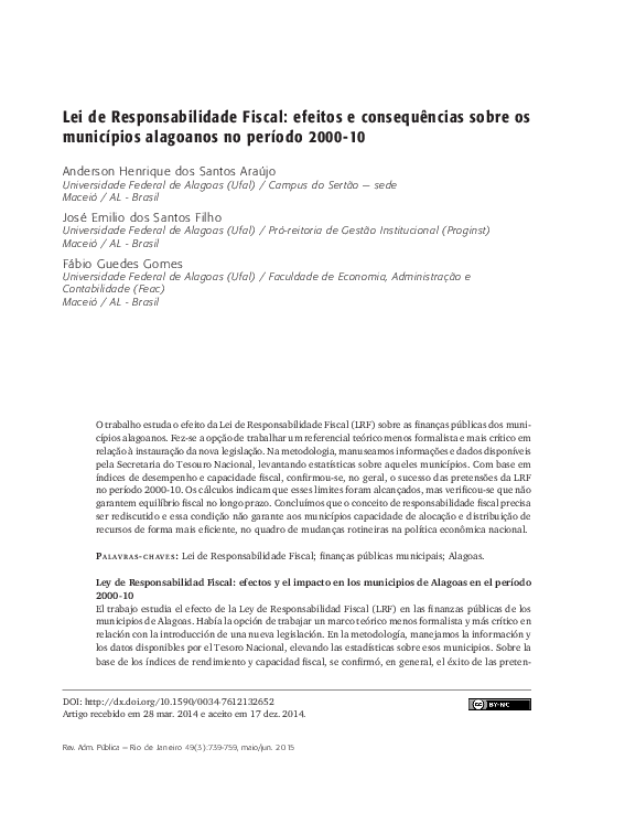 Lei de Responsabilidade Fiscal: efeitos e consequências sobre os municípios alagoanos no período 2000-10