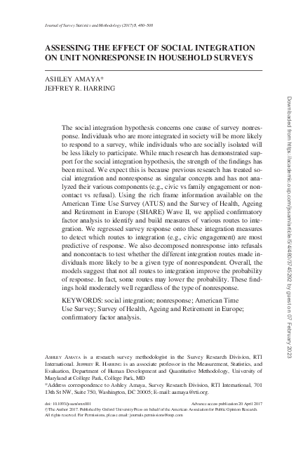 (PDF) Assessing the Effect of Social Integration on Unit Nonresponse in ...