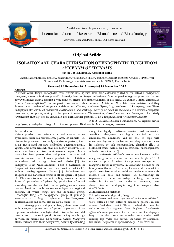 (PDF) Isolation and Characterisation of Endophytic Fungi from Avicennia ...