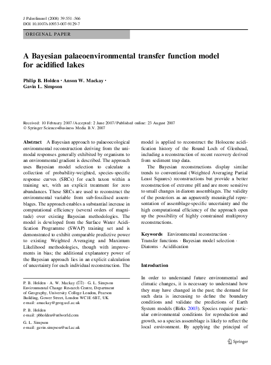 (PDF) A Bayesian palaeoenvironmental transfer function model for ...