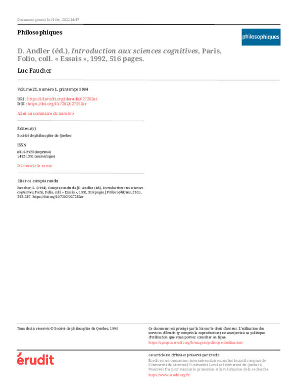 (PDF) D. Andler (éd.), Introduction aux sciences cognitives, Paris ...