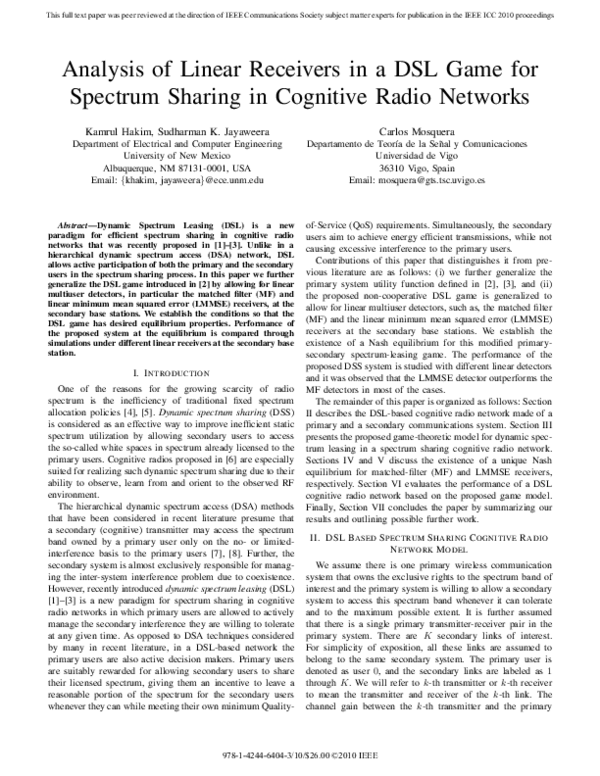 (PDF) Analysis of Linear Receivers in a DSL Game for Spectrum Sharing ...