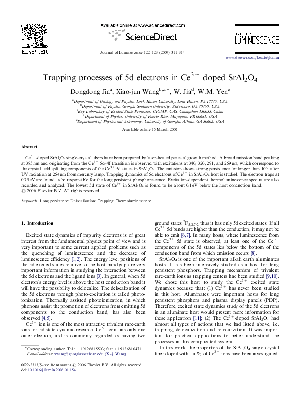 (PDF) Trapping processes of 5d electrons in Ce3+ doped SrAl2O4 | Xiao ...
