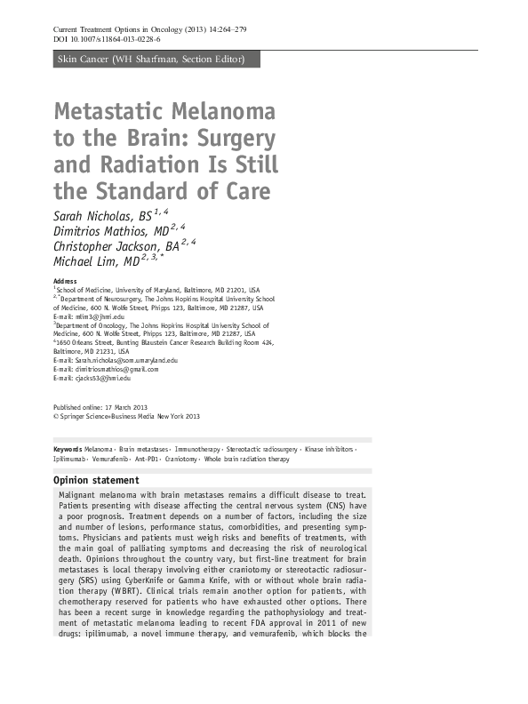 (PDF) Metastatic Melanoma to the Brain: Surgery and Radiation Is Still ...