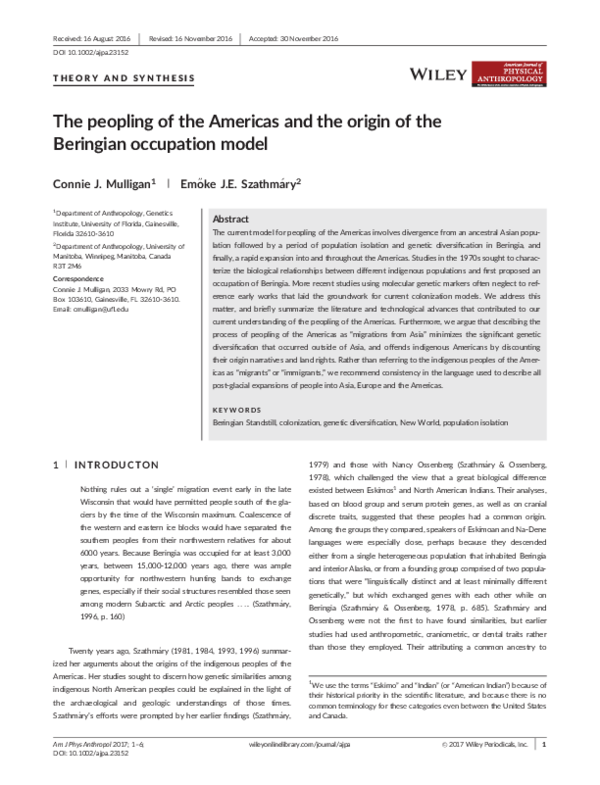(PDF) The peopling of the Americas and the origin of the Beringian ...