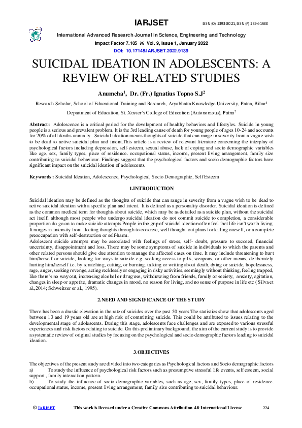 (PDF) Suicidal Ideation in Adolescents: A Review of Related Studies