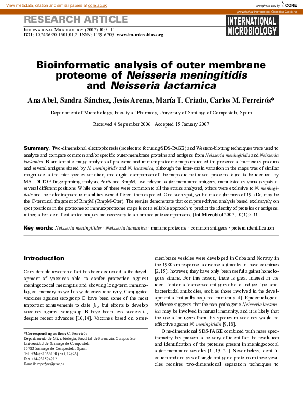 (PDF) Bioinformatic analysis of outer membrane proteome of Neisseria ...