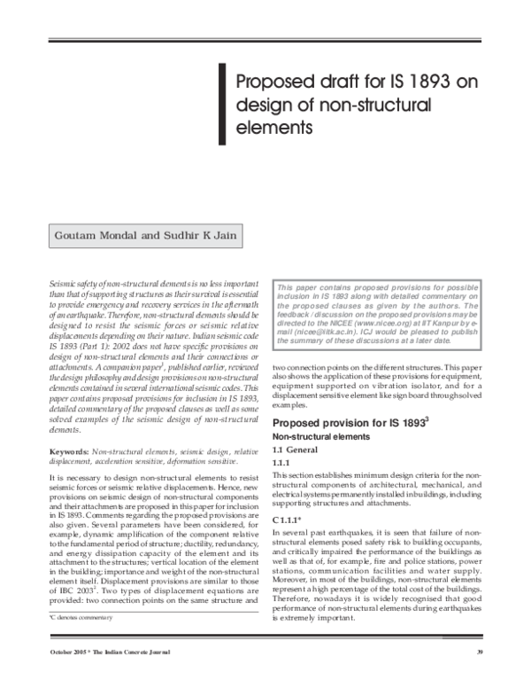 (PDF) Proposed draft for IS 1893 on design of non-structural elements