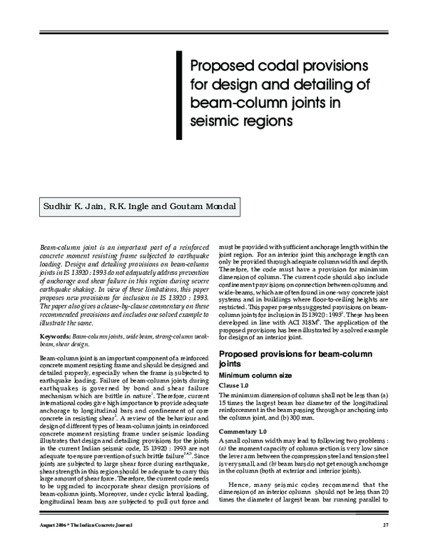 (PDF) Proposed codal provisions for design and detailing of beam-column ...