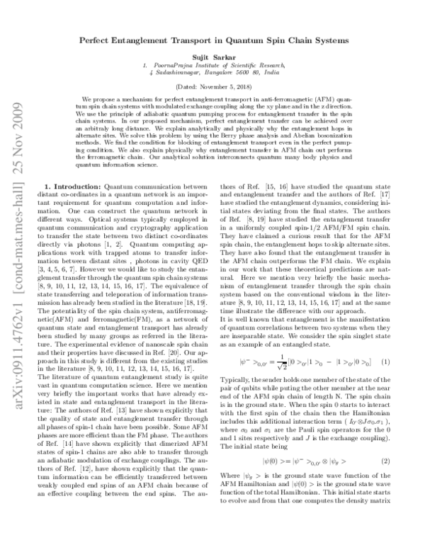 (PDF) Perfect Entanglement Transport in Quantum Spin Chain Systems