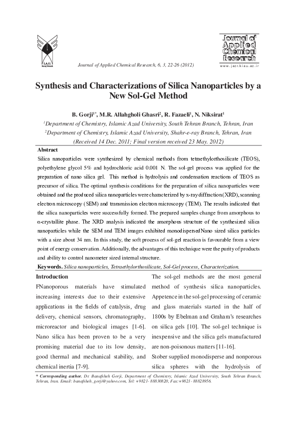 (PDF) Synthesis and characterizations of silica nanoparticles by a new ...