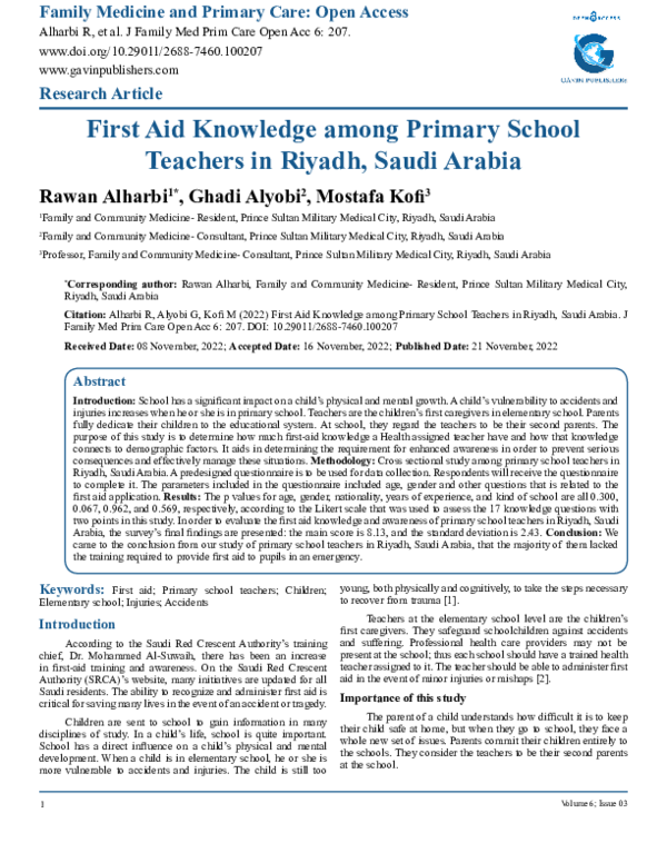 (PDF) First Aid Knowledge among Primary School Teachers in Riyadh ...