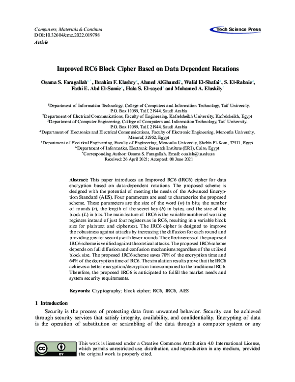 (PDF) Improved RC6 Block Cipher Based on Data Dependent Rotations